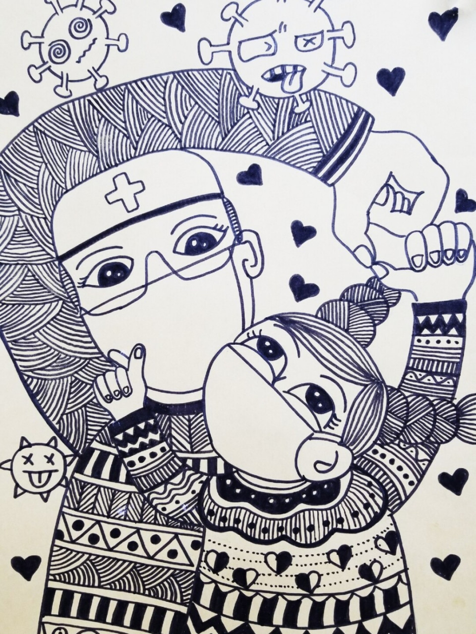 线描装饰画 儿童画#抗疫#疫情#比心#线描#线描装饰#儿童线描 #儿童