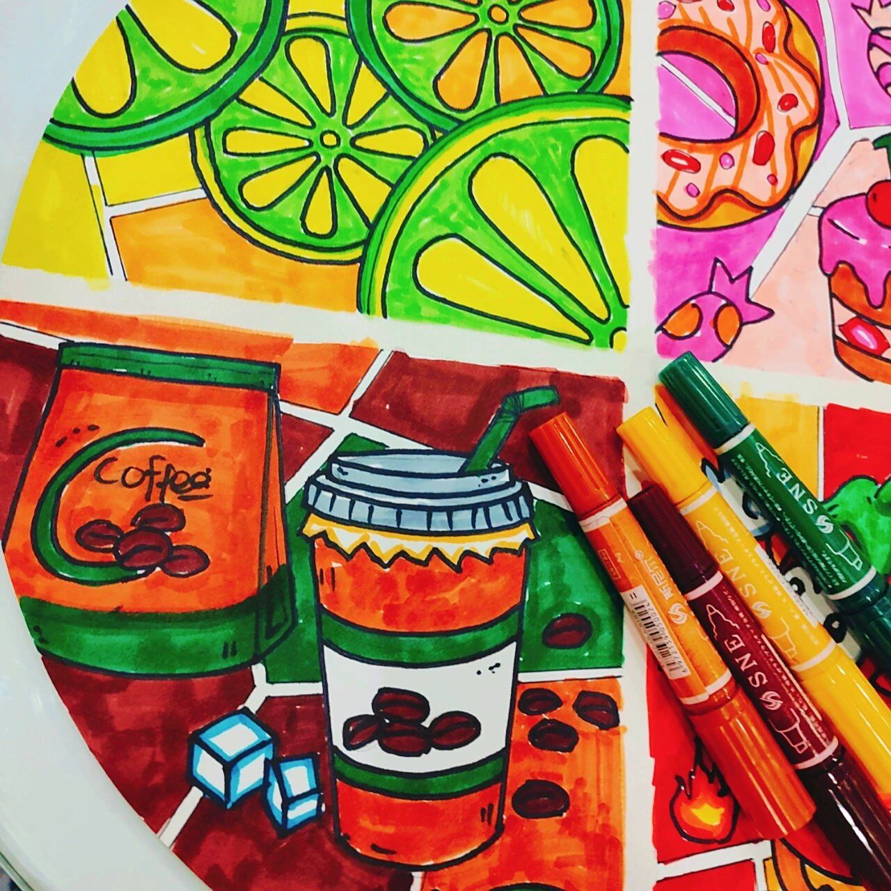 2,运用酸甜苦辣的颜色,绘画出《酸甜苦辣》的食物作品.