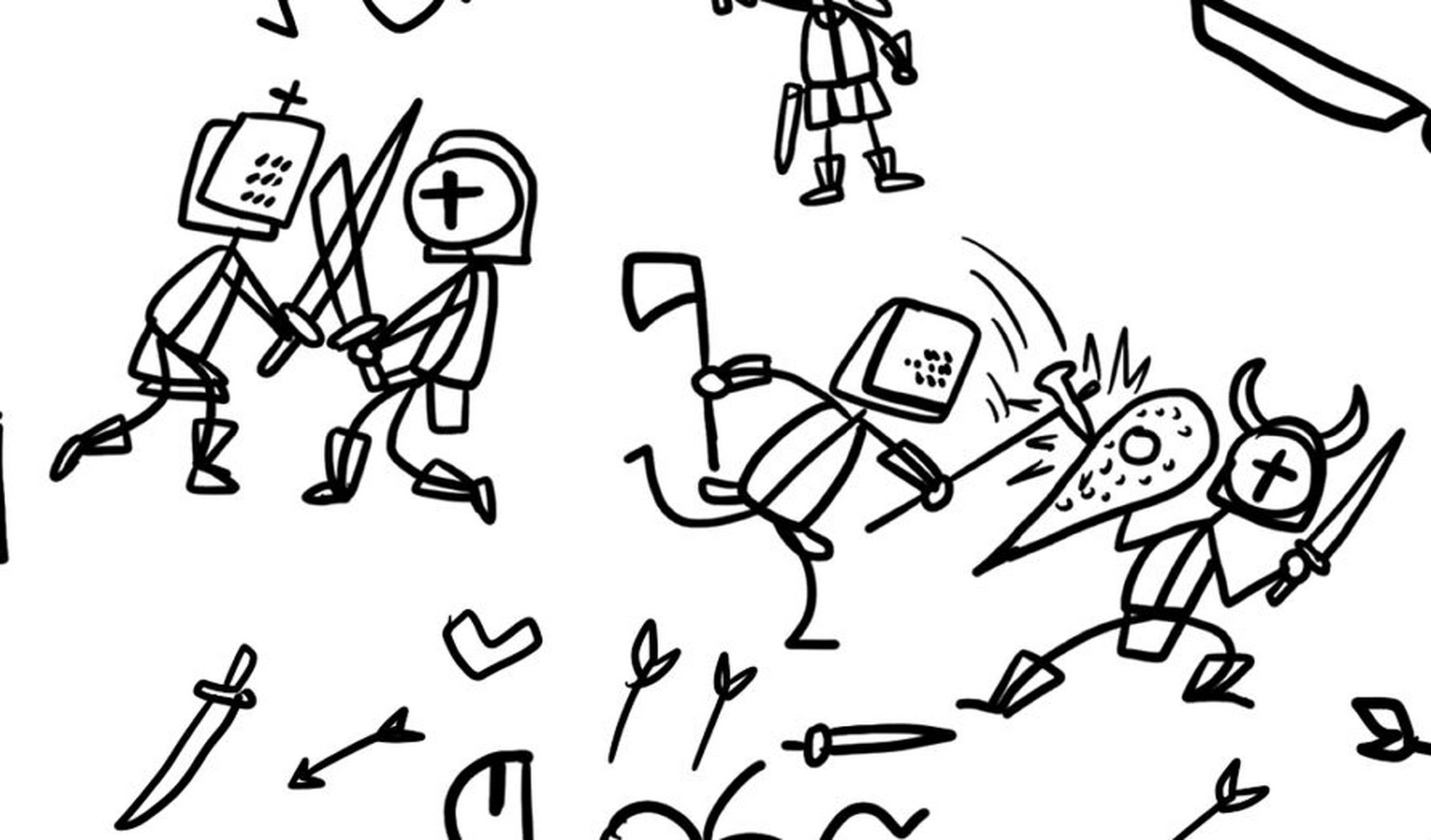 火柴人,战斗,中世纪铠甲,创意儿童画  这张是去年上课的时候画的,当时