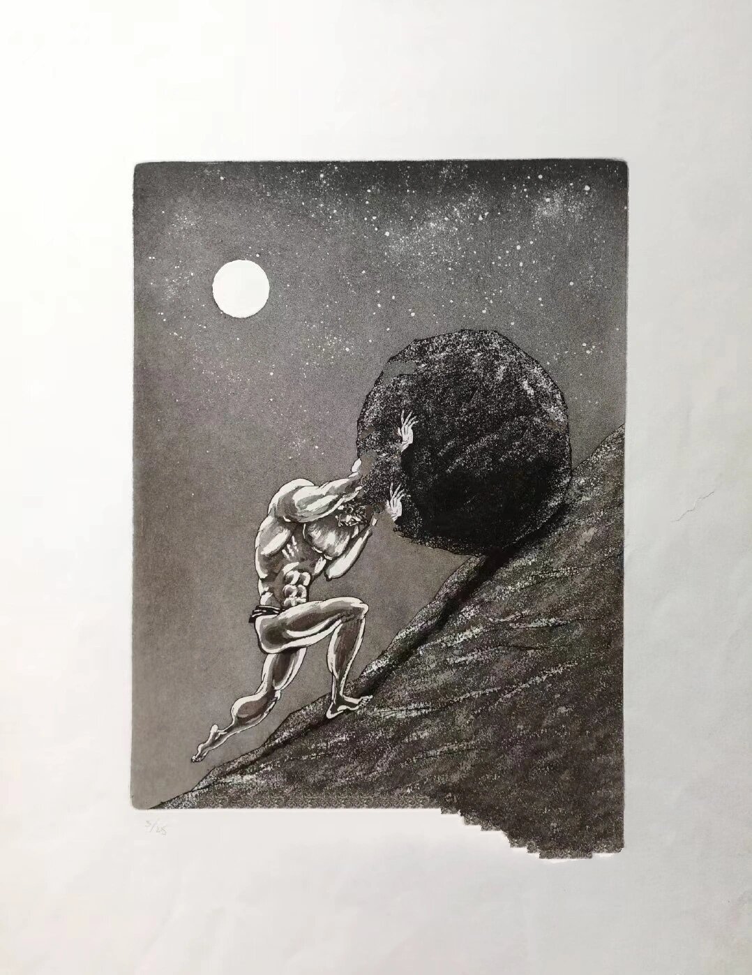 西西弗斯犯罪,被罚推一滚石到山上.