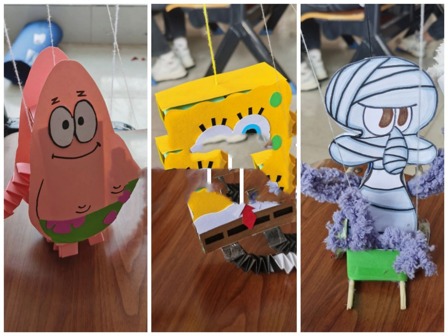 提线木偶制作 材料:卡纸,双面胶,泡沫胶,毛线,剪刀,小纸箱 海绵宝宝