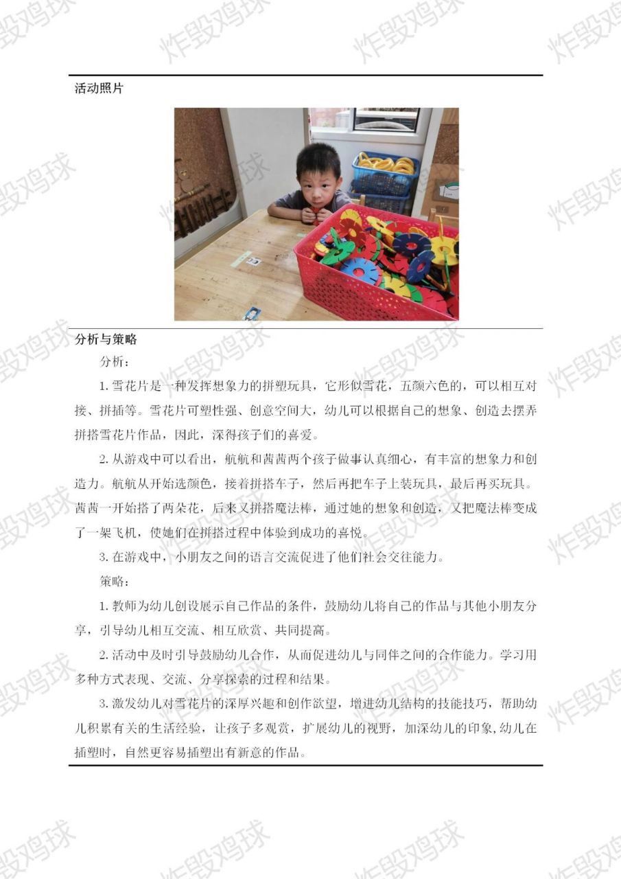 观察记录表|建构区(2)雪花片案例分析策略 观察记录表|建构区(2)雪花