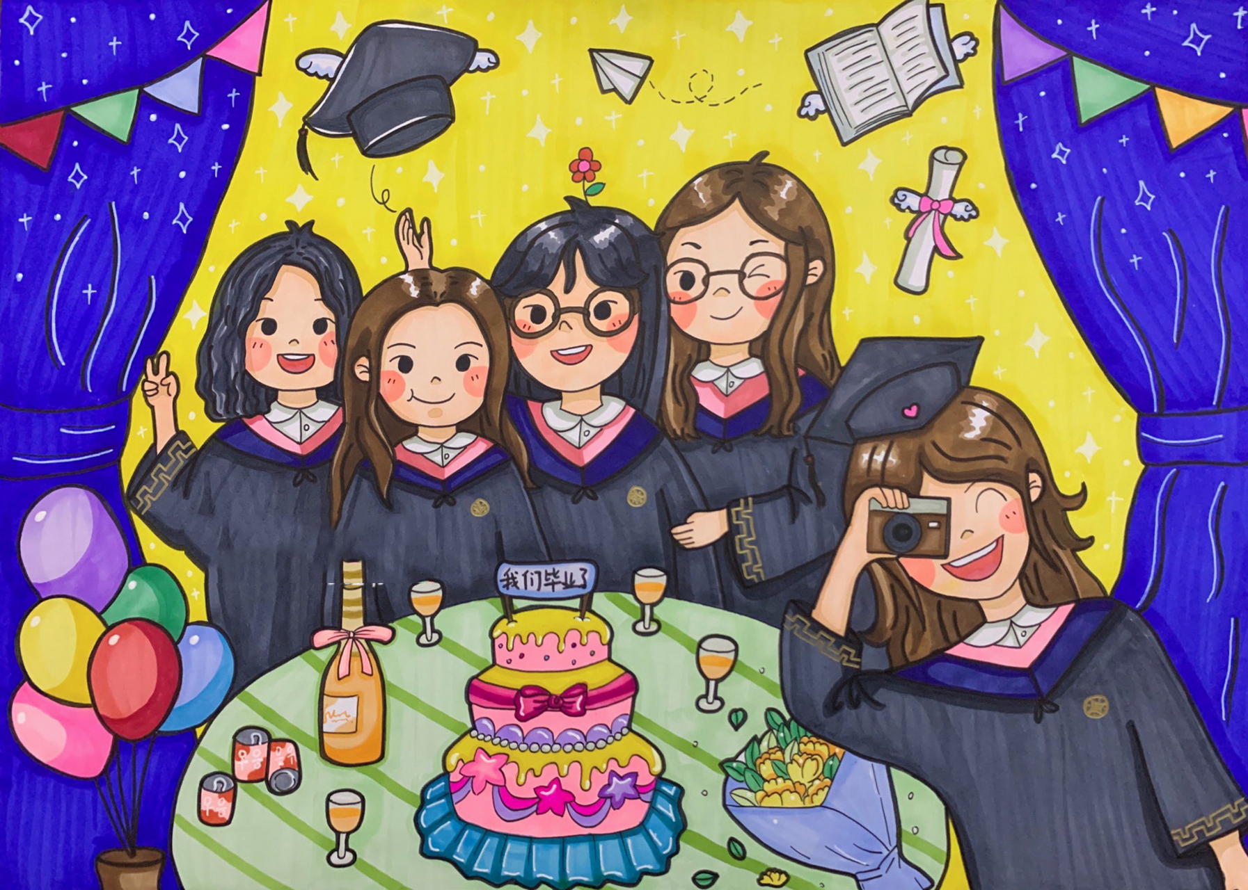 手绘毕业照 马克笔儿童画 半临摹 毕业典礼的留念,庆祝毕业照手绘图 8