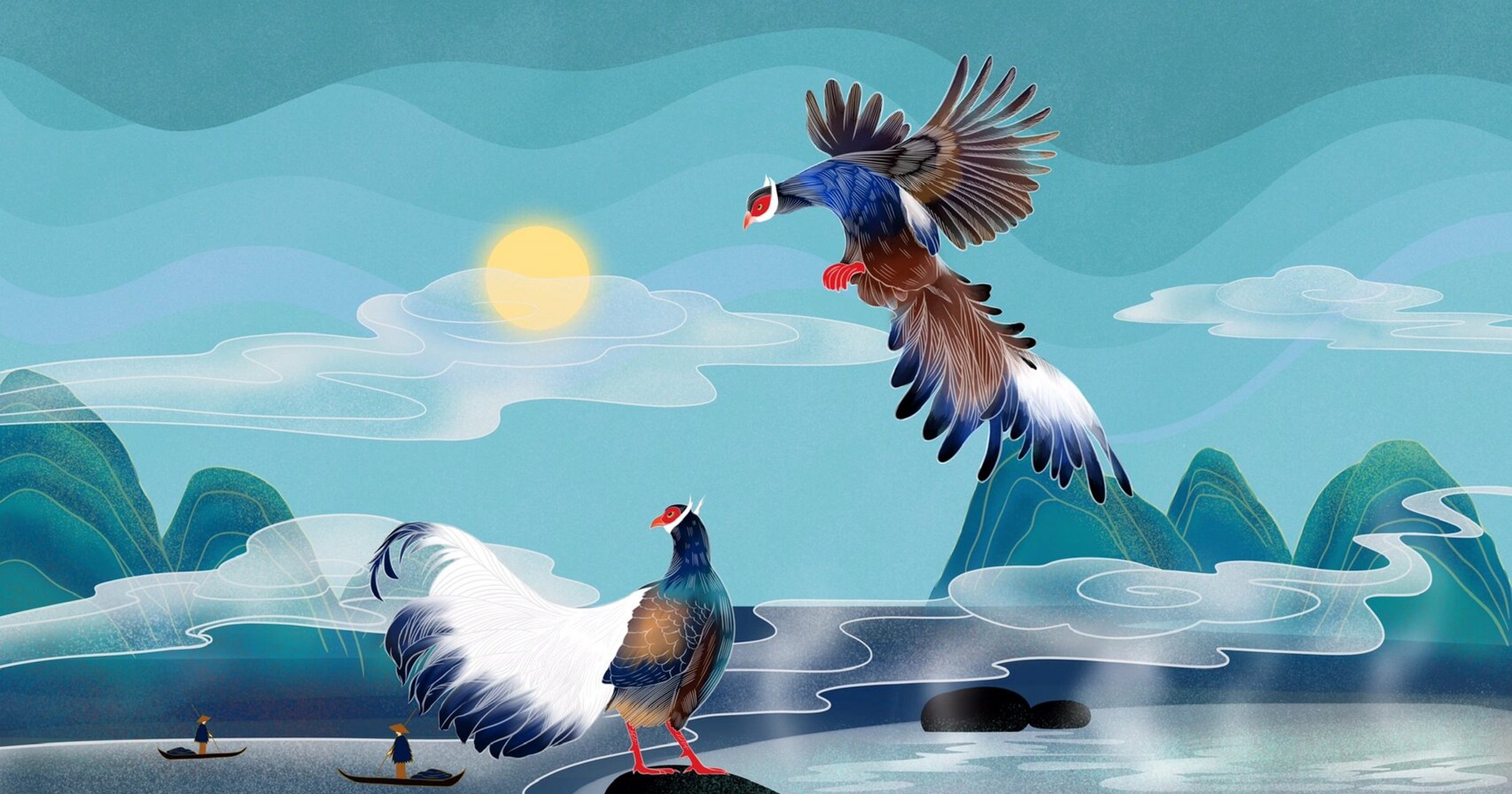 国风插画《珍稀动物褐马鸡》