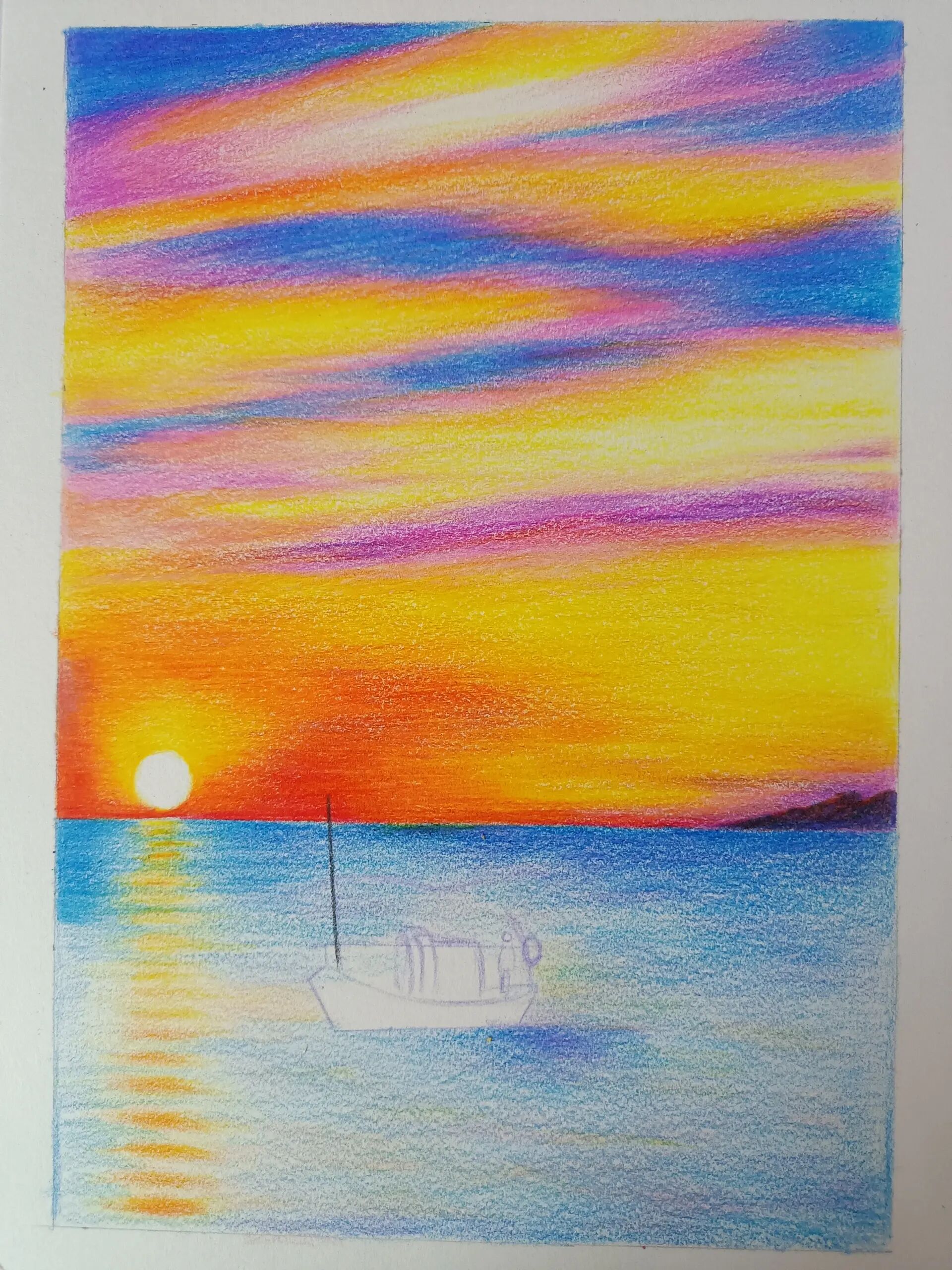 彩铅风景,海上落日