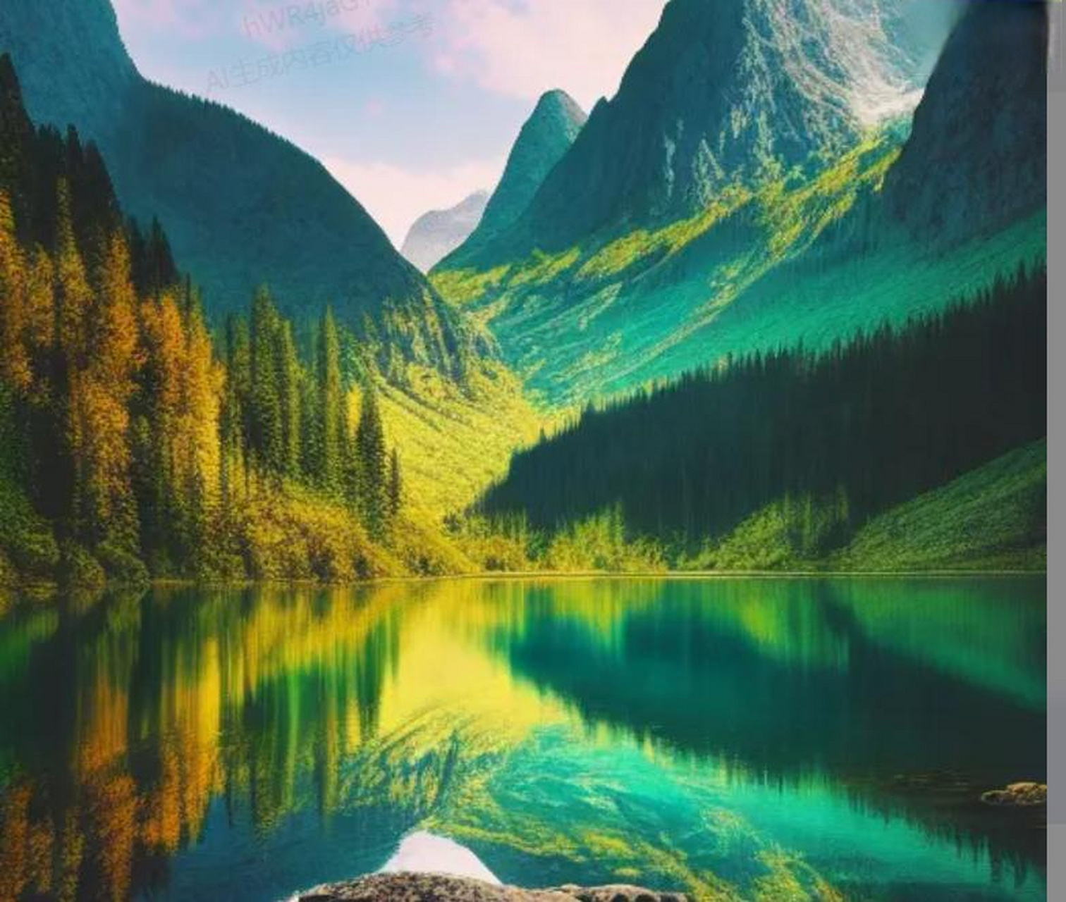 青山起伏延绵远,  翠绿的森林覆盖山峦.