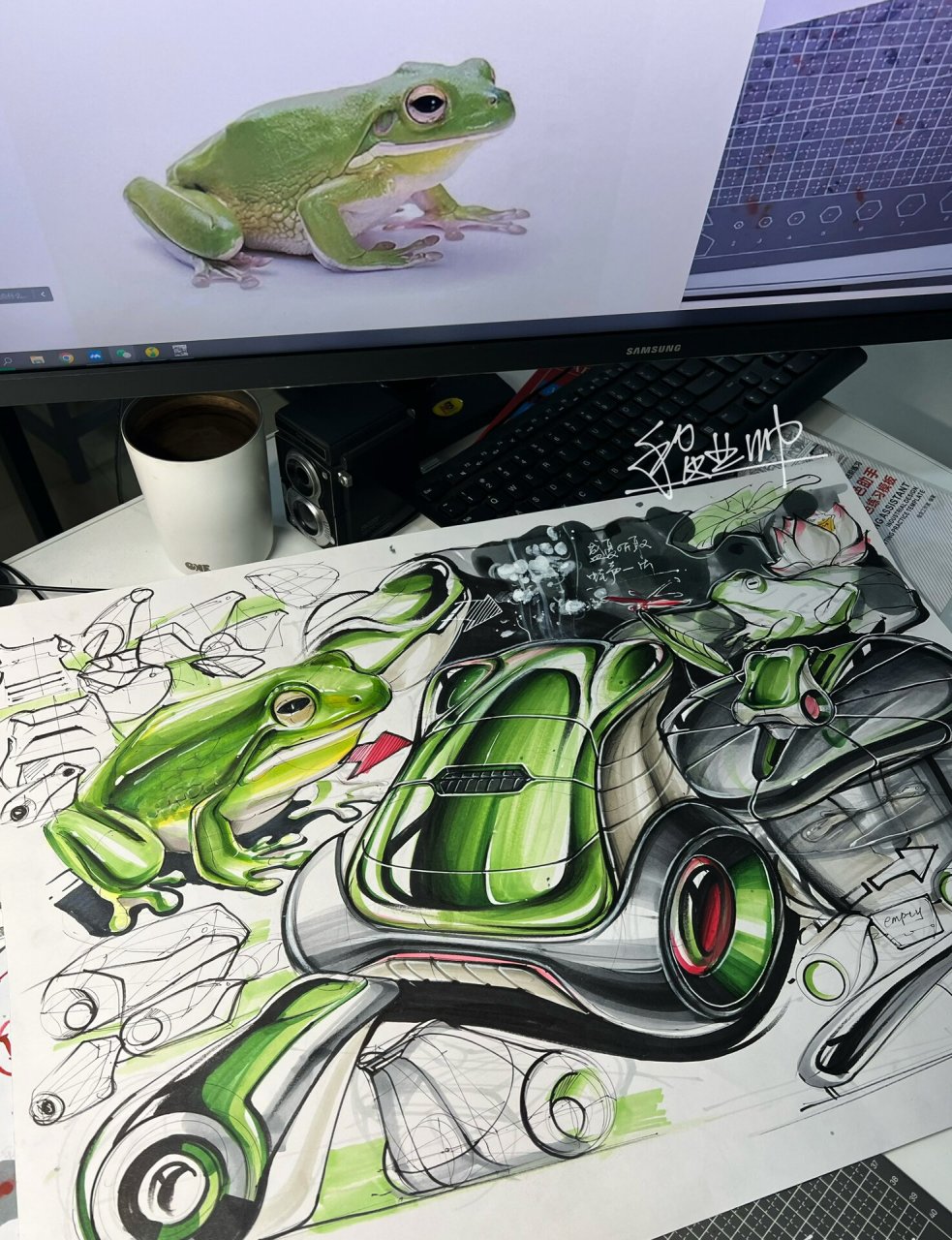 产品手绘之青蛙形态仿生设计…… 本来只是想画个小青蛙,然后职业病犯