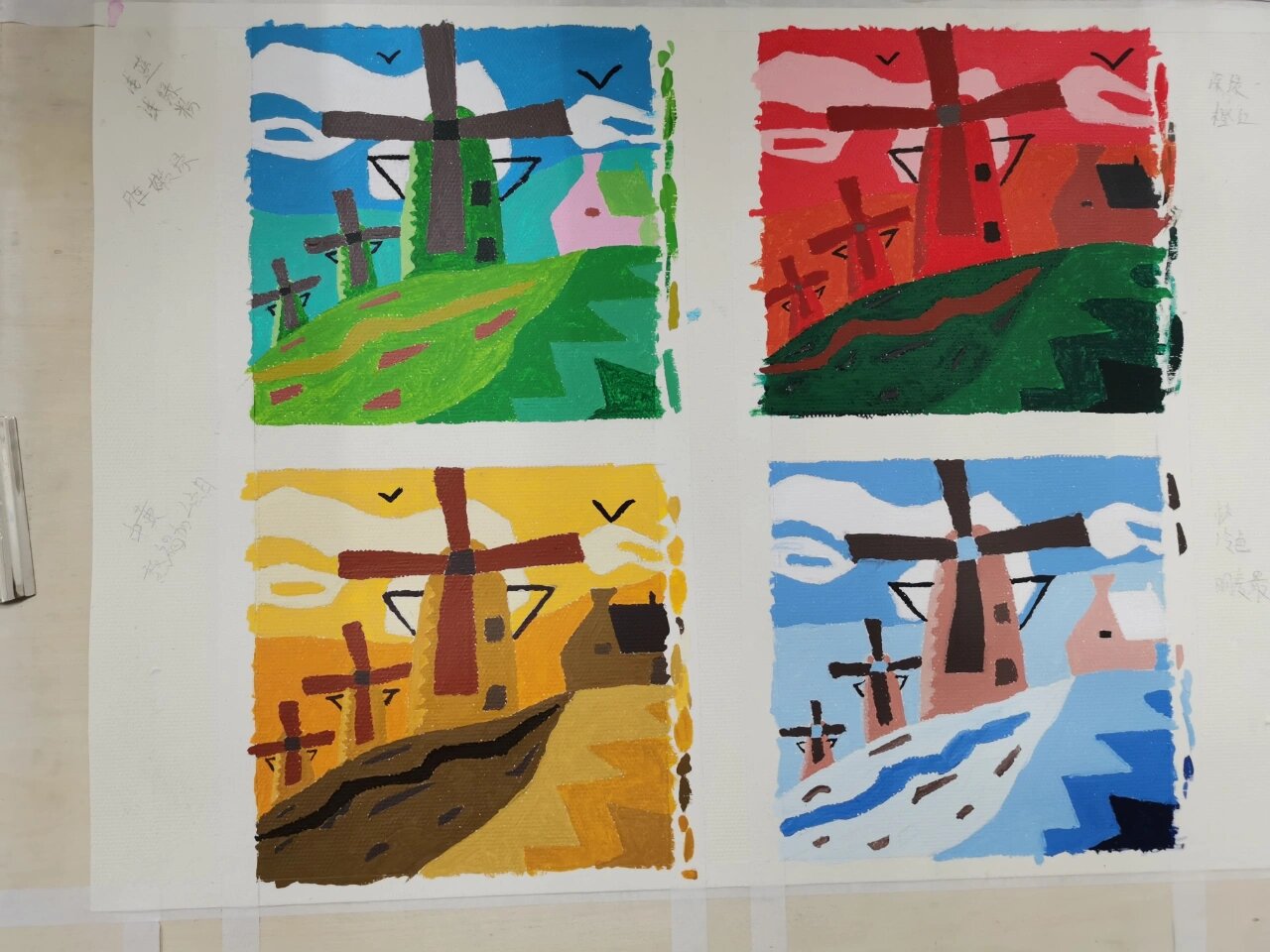 水粉不同颜色画一年四季