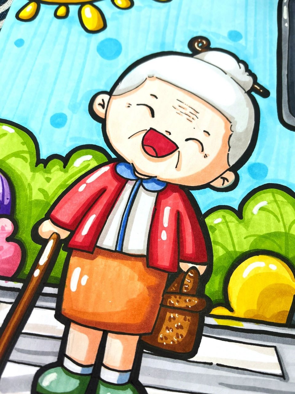 过马路的老奶奶卡通画 观察人物特征, 进行合理的概括, 添加创意元素