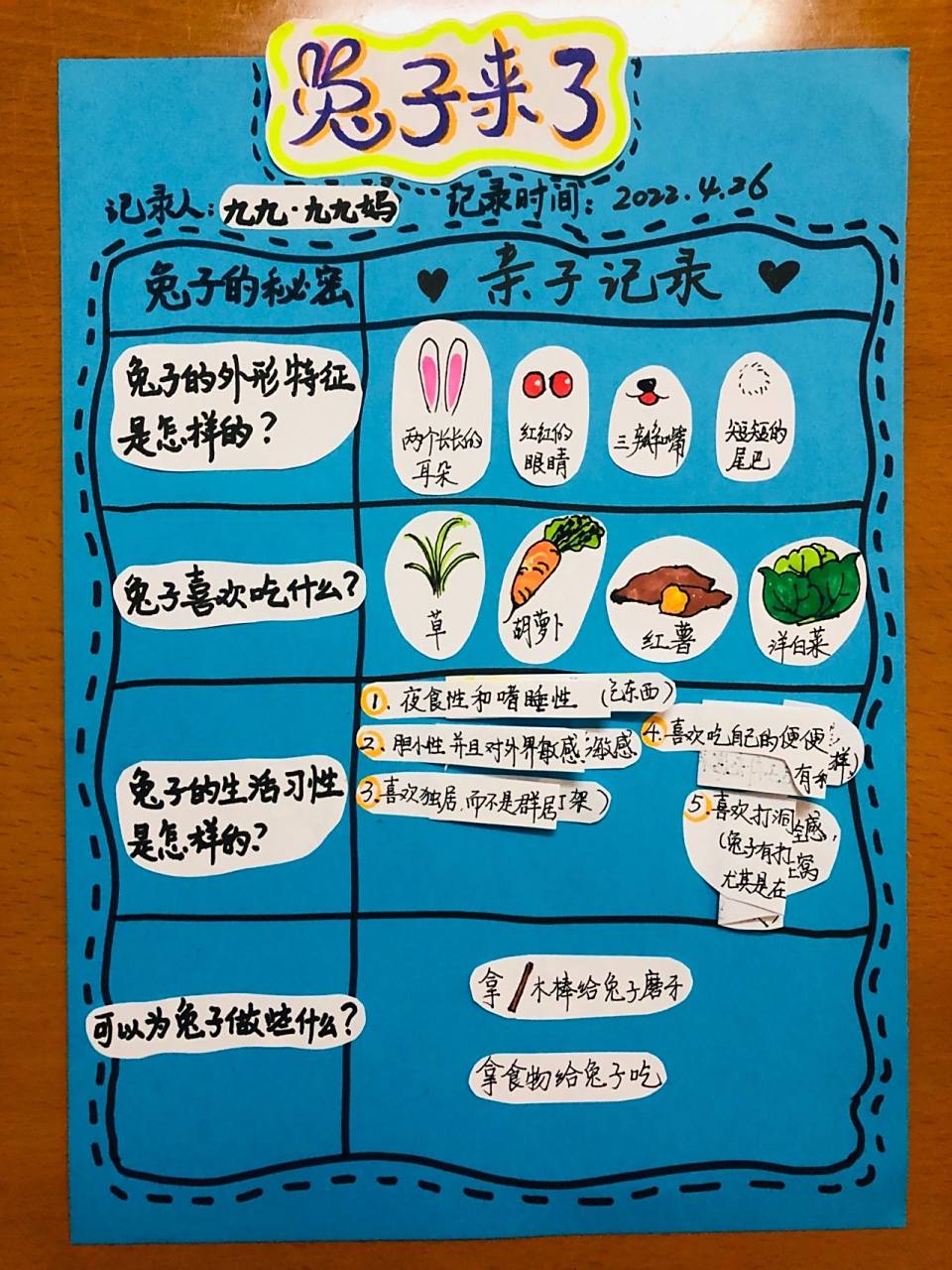 幼儿园作业:"兔子来了"观察记录表 最近宝贝的幼儿园增加了三只小兔子