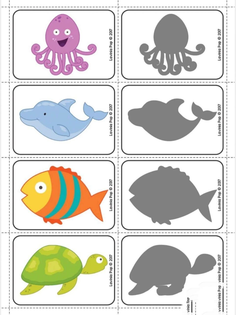 益智区素材:海洋动物影子配对 可爱的海洋动物影子配对,直接打印.