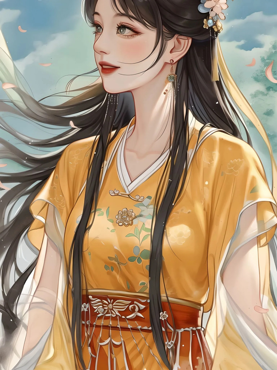 一组黄裙子含情脉脉古风美人97|ai绘画 是之前那组水绿色的同样的