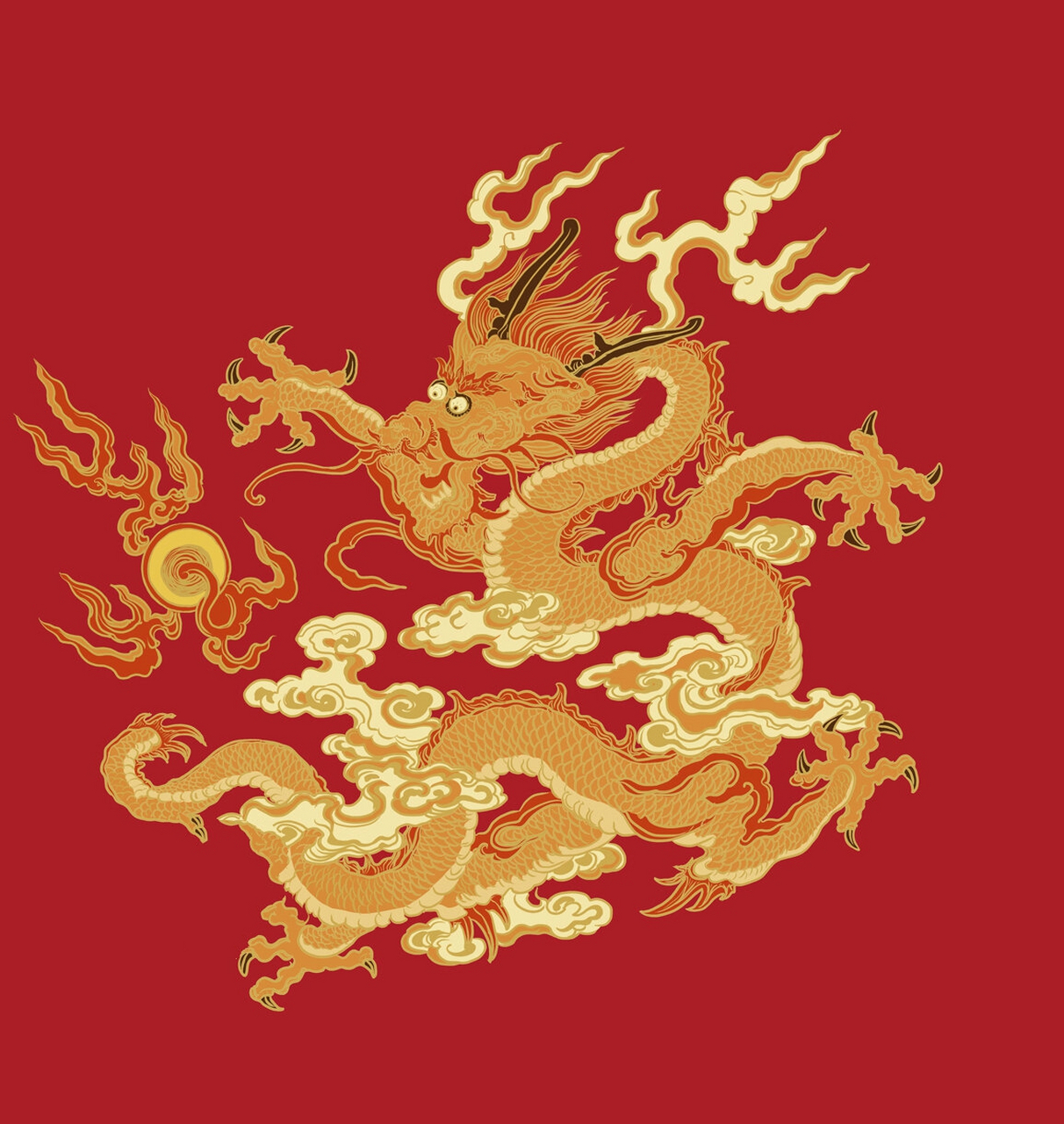 双龙戏珠青龙与金龙国风插画 山海经神兽国潮插画周边设计0202