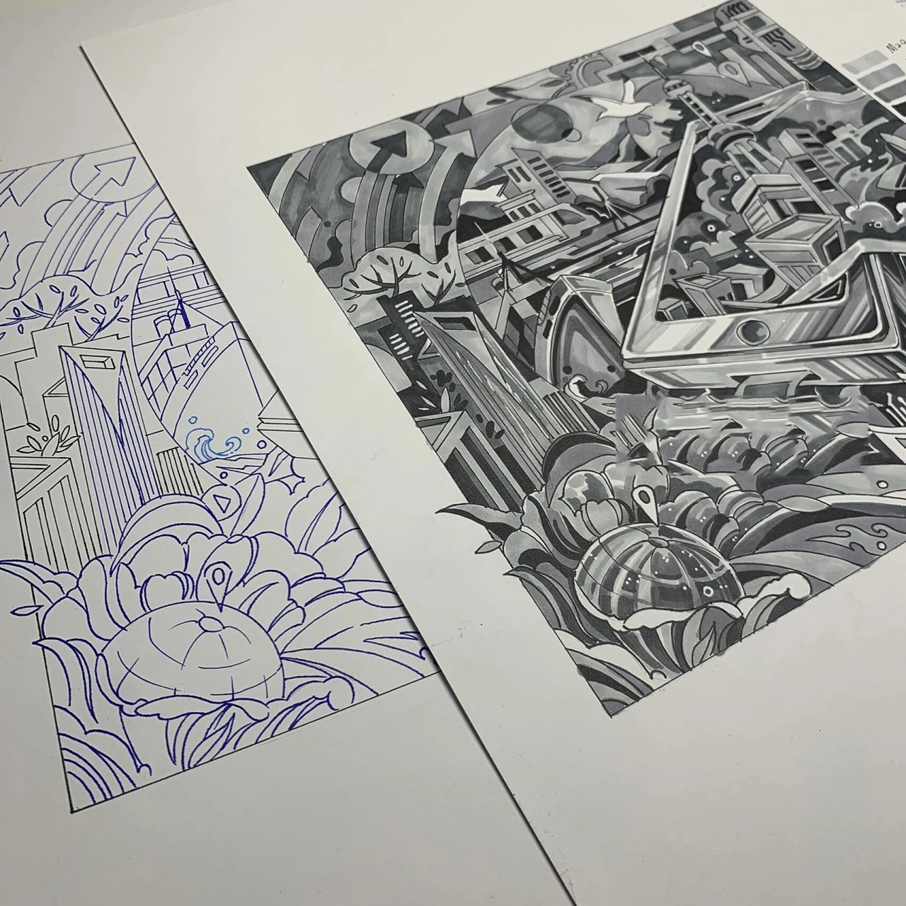 无彩色系装饰画——《城市印象》 无彩色系的装饰画可以训练画面的