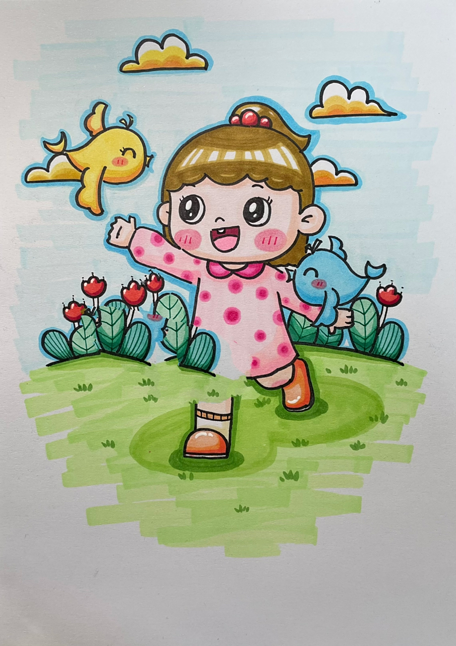 人物小场景简笔画 本想画一个小女孩,然后想 画只小鸟和她互动一下吧