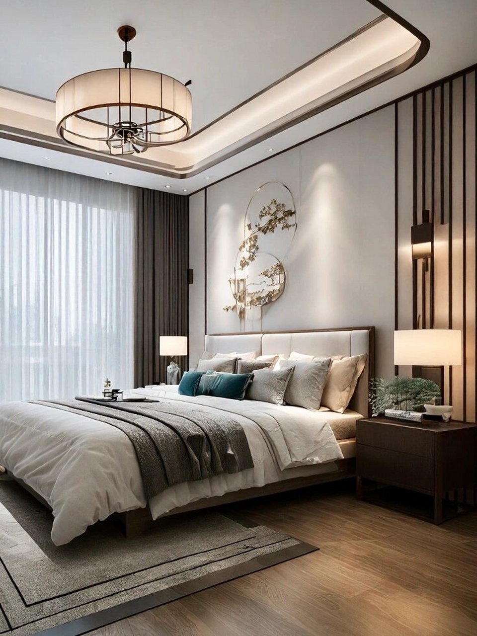 案例 新中式装修卧室注意事项 1,新中式卧室装饰主要以简单大气为主