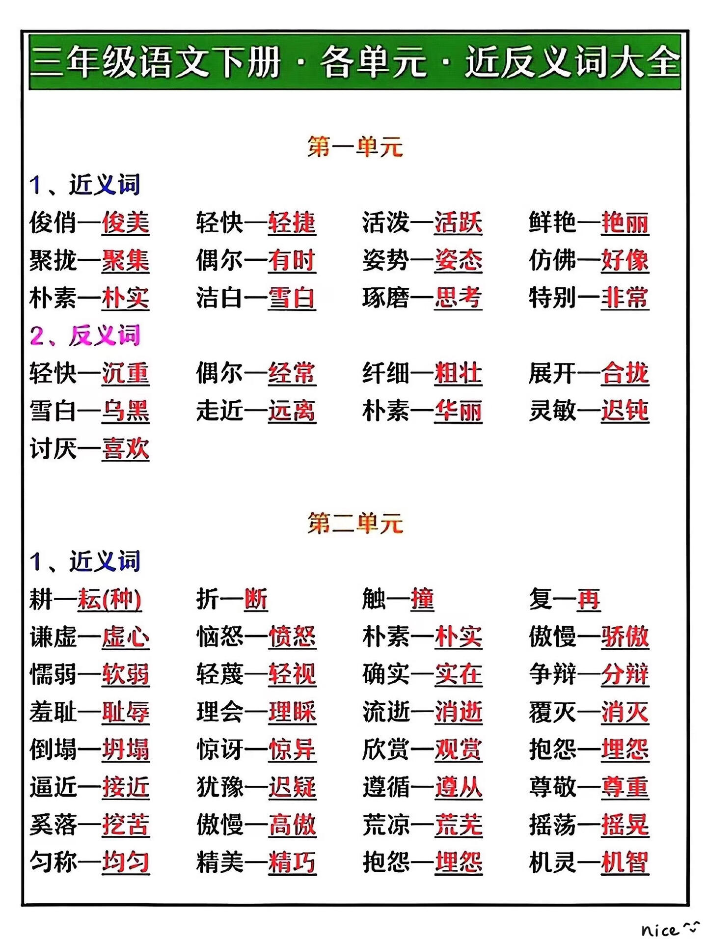 三年级语文下册各单元近反义词大全