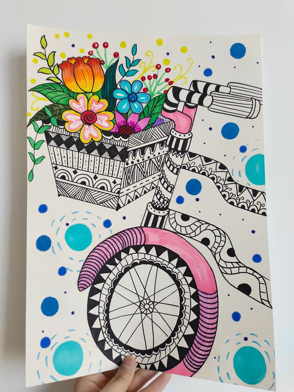 线描手绘《装满鲜花的自行车》 创意线描儿童画