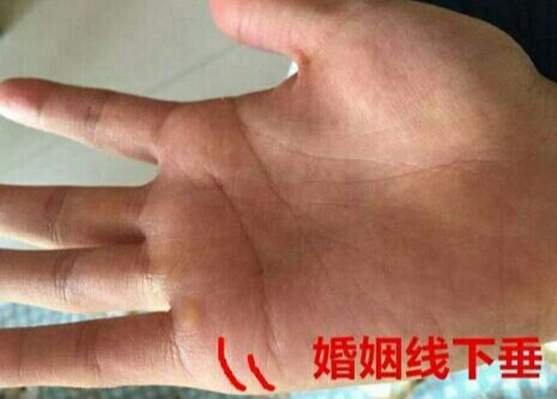 如果手纹上的婚姻线朝下弯曲,说明你姻缘未到,得不到你爱的人,有缘无