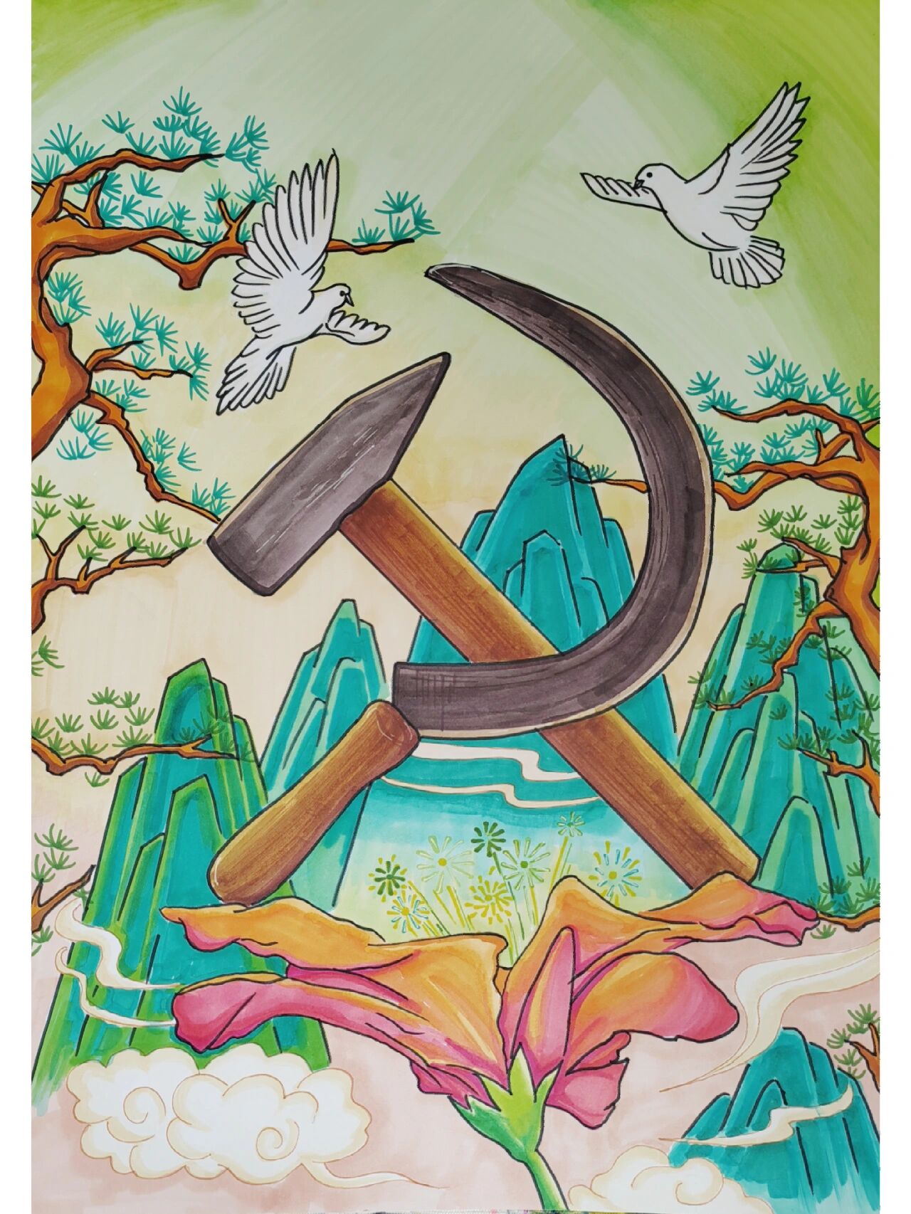 建党百年主题画,手绘海报