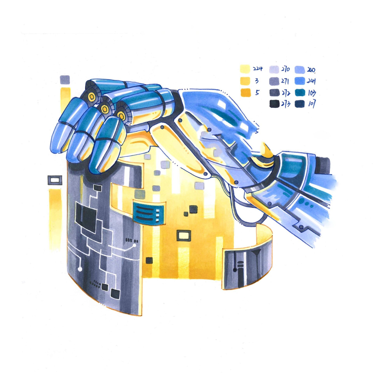 视传万能元素|科技主题素材 马克笔手绘航天 科技万能素材:机械手