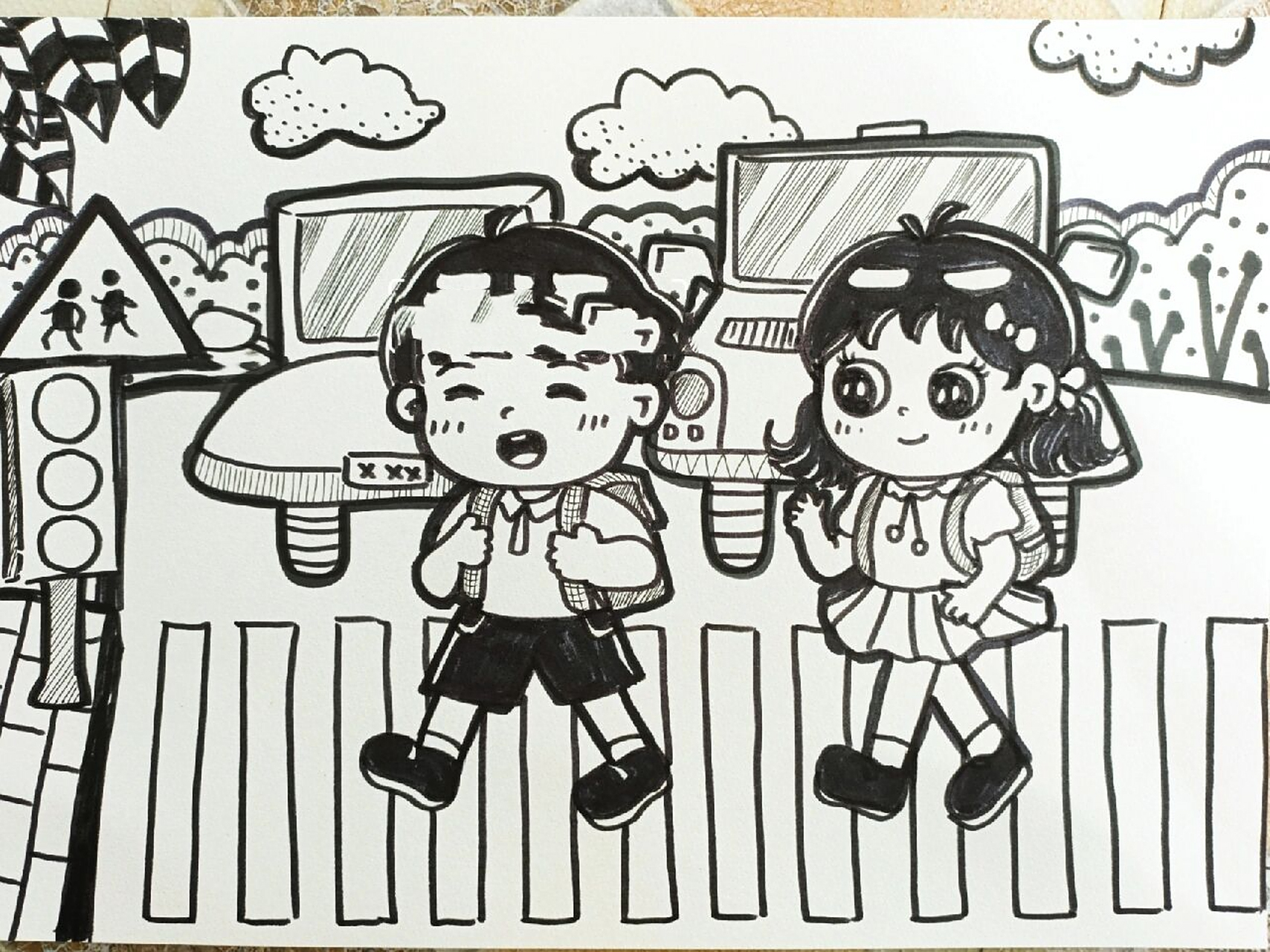 幼儿考编主题画《交通安全在心中》 黑白线描,这个比较简单,20分钟