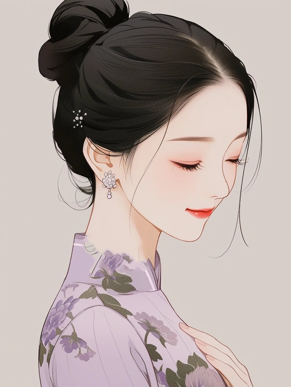 插画头像|紫色系旗袍少女温柔可爱那一挂的 ～时光清浅,百事从欢