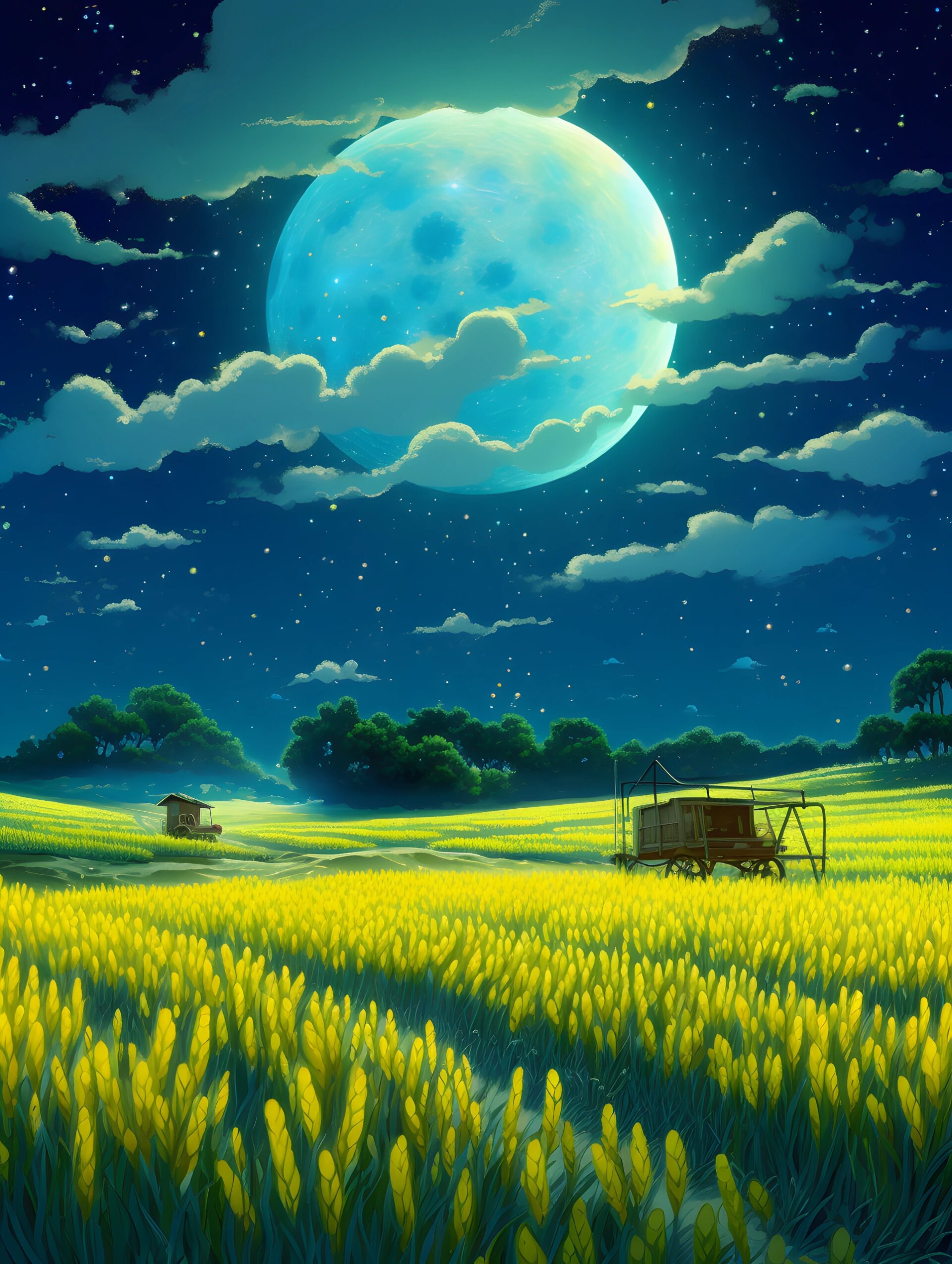 月亮下的稻田,像小时候.