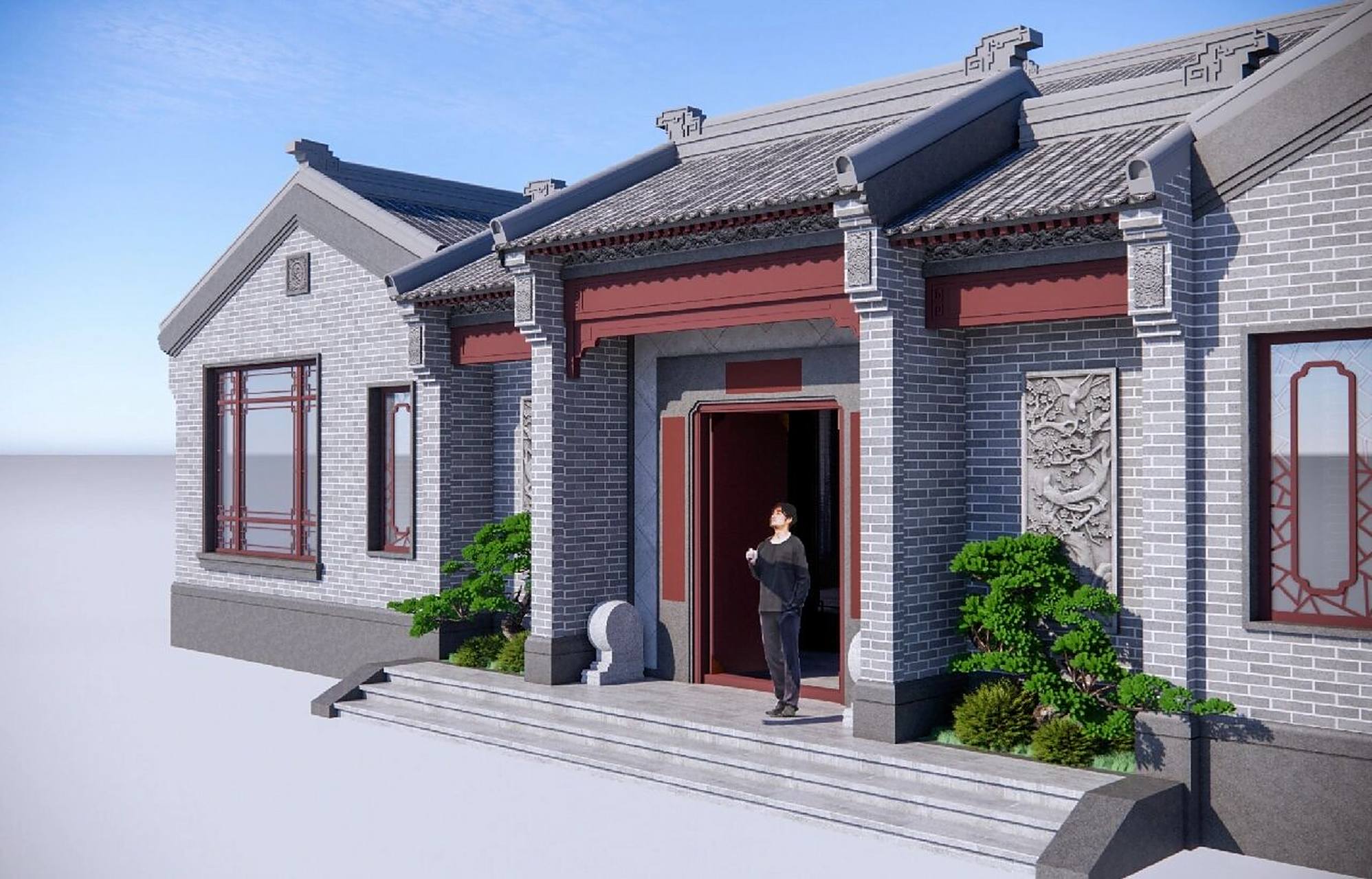 青砖灰瓦,精致的仿古四合院 地标:河南 尺寸:20米×20米 层高:主楼两