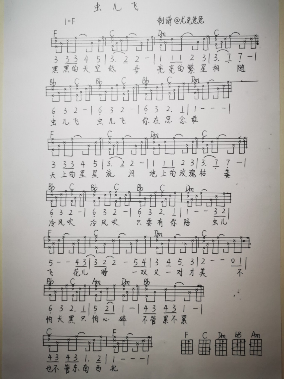 尤克里里入门曲谱 | 虫儿飞 分享一枚适合新手的ukulele曲谱～ 大家