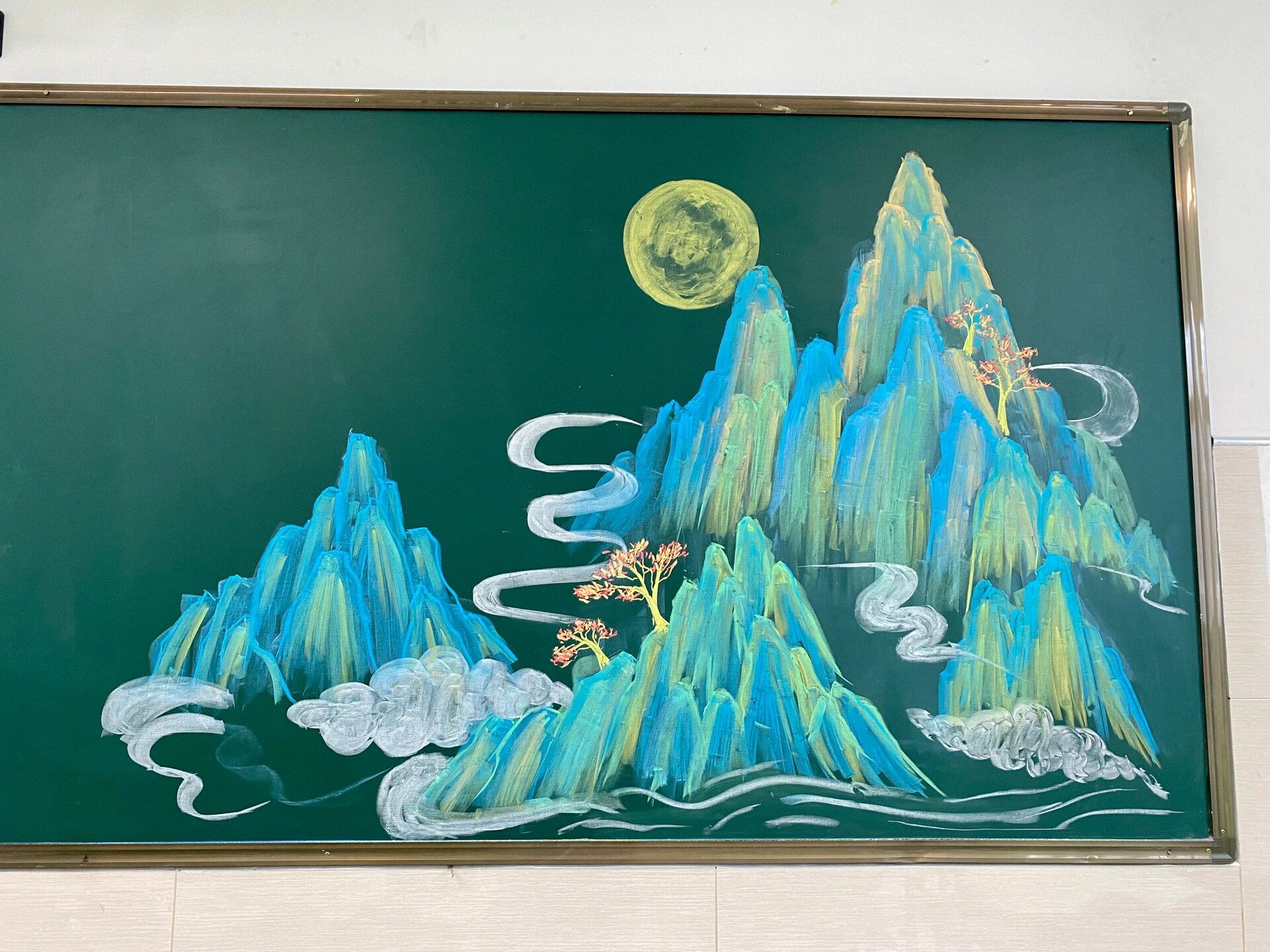 青绿山水粉笔画🍀简单好学效果佳👍