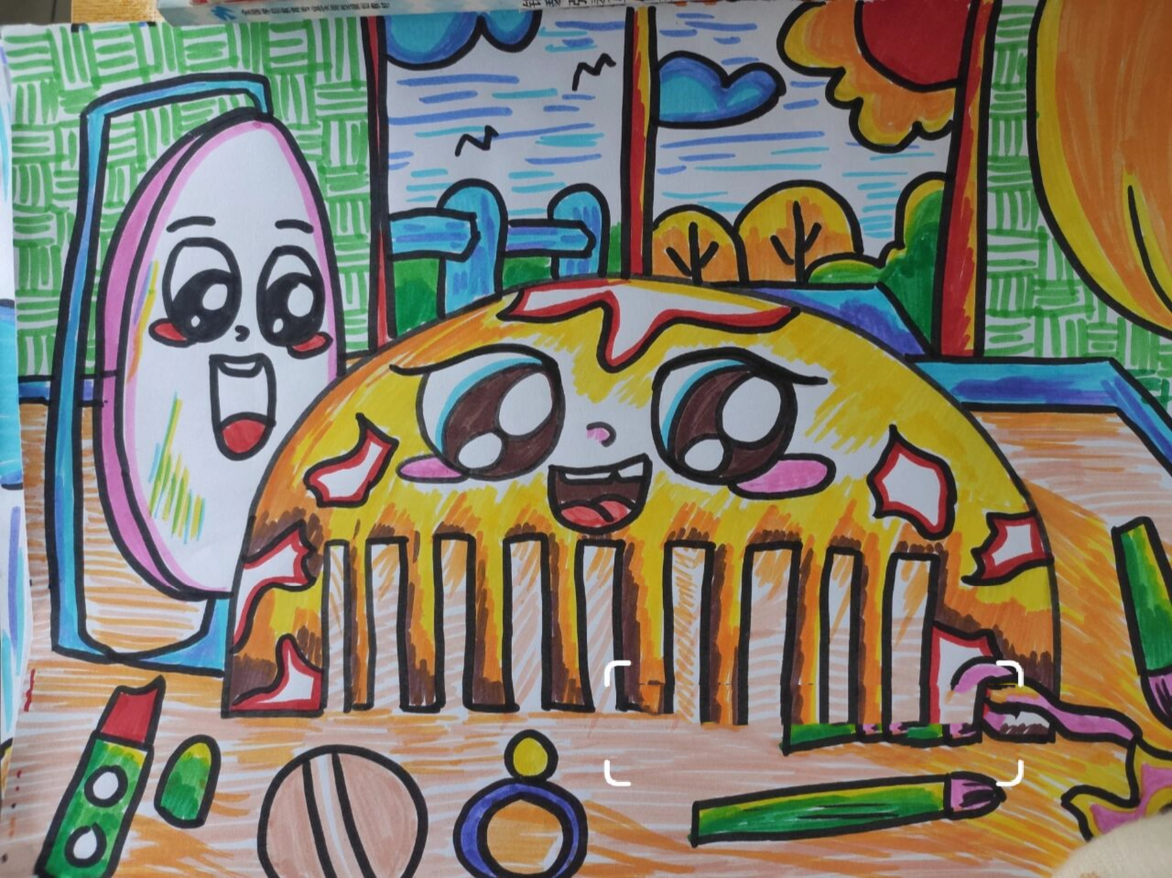 高考儿童画《梳子》 高考梳子简笔画 用色:12色水彩笔.