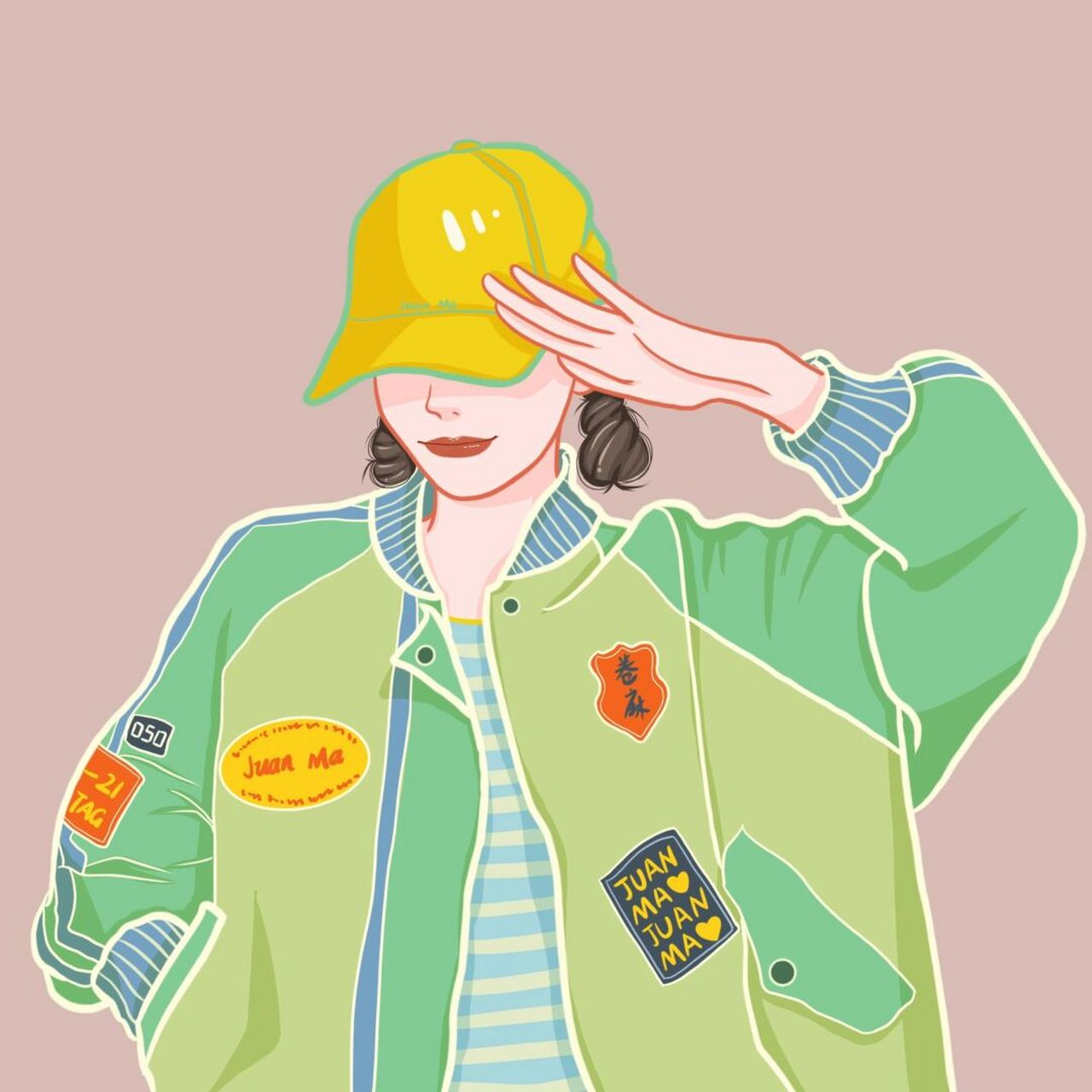 插画 | 头像 | 配色 |是鸭舌帽棒球服小姐姐 96条纹t恤77撞色棒球