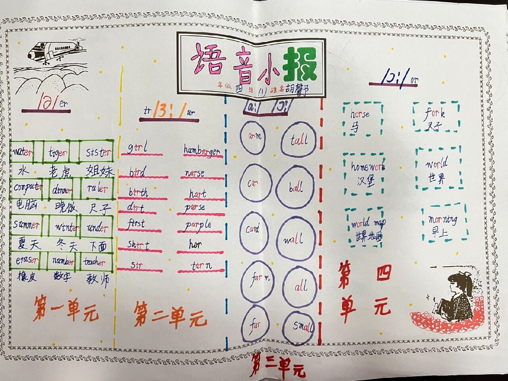 四下特色作业语音小报 让孩子们整理了前四个单元的语音组合,既锻炼了