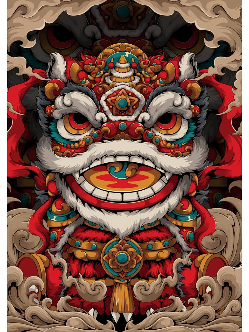 插画 原创插画师勾线手a姆t新作国潮醒狮o萌醒狮q版醒狮新国潮风插画