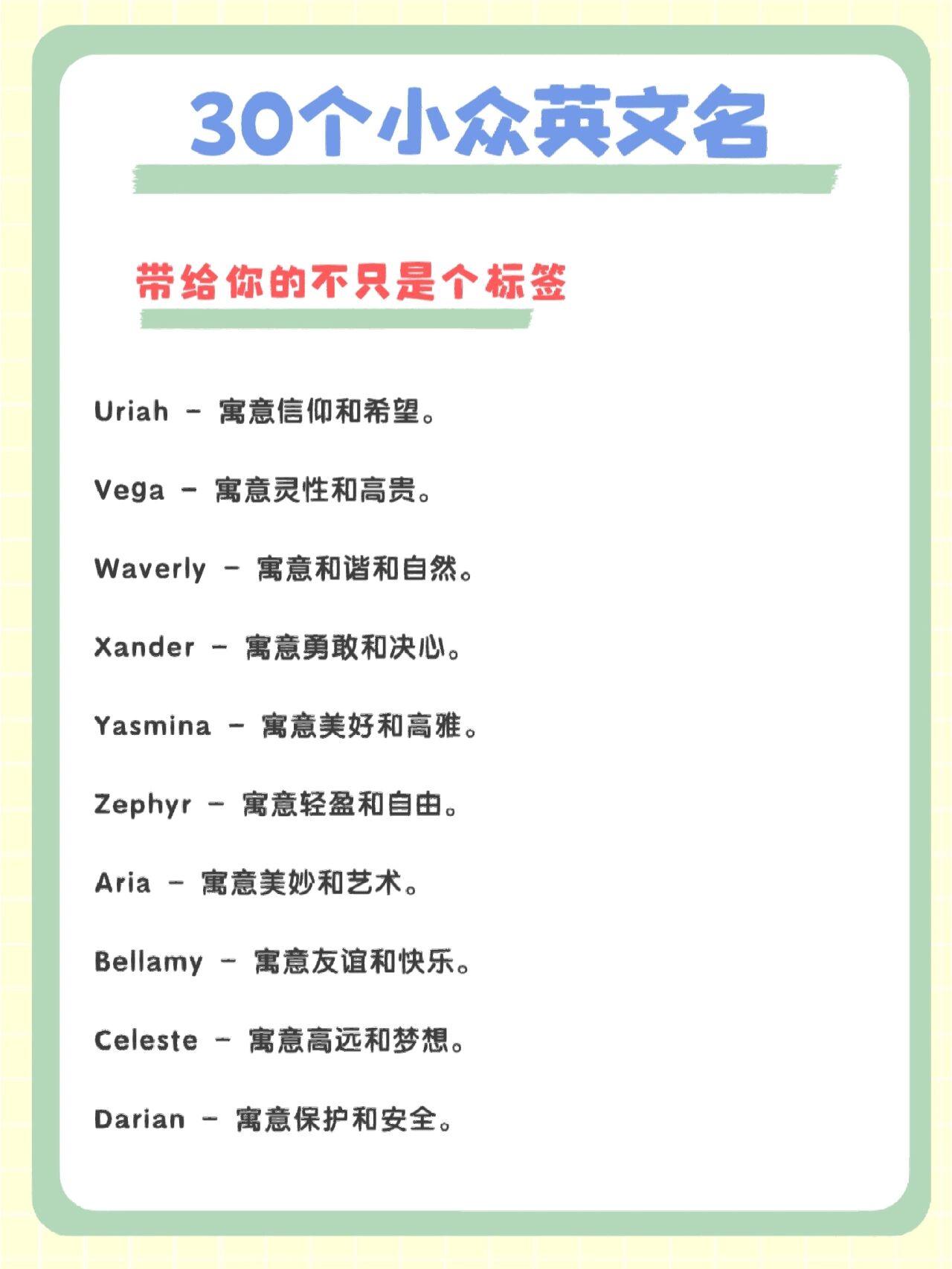 30个小众洋气英文名,带给你的不只是个标签 今天,我为大家带来了30个