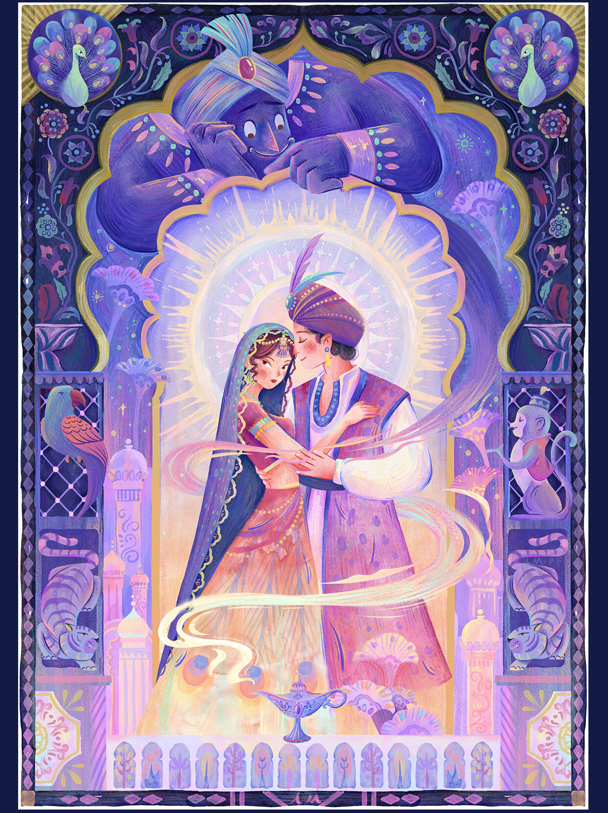 粗机理插画|阿拉丁神灯 本幅作品是对称框架式构图,伊斯兰建筑风格.