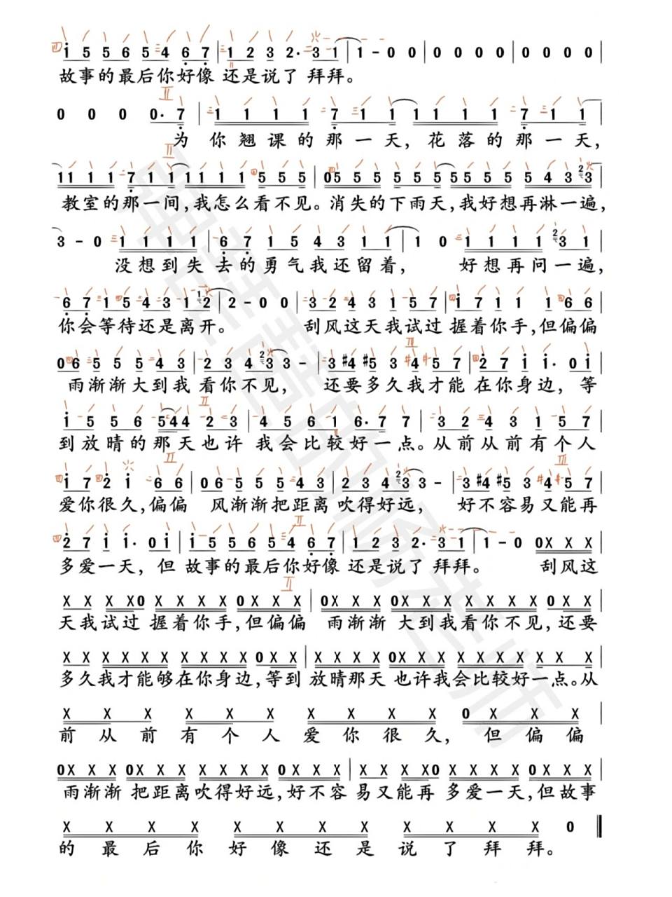 《晴天》琵琶谱 难度:1级左右 	 指法自己编的,难度可调