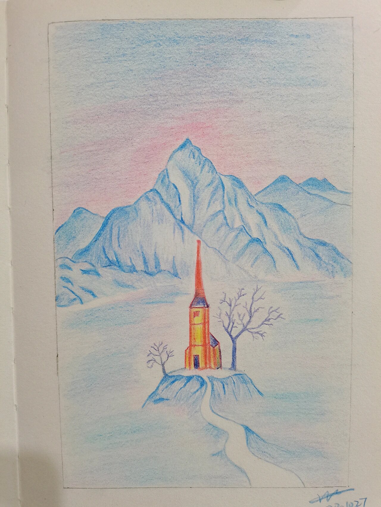 雪山—彩铅画