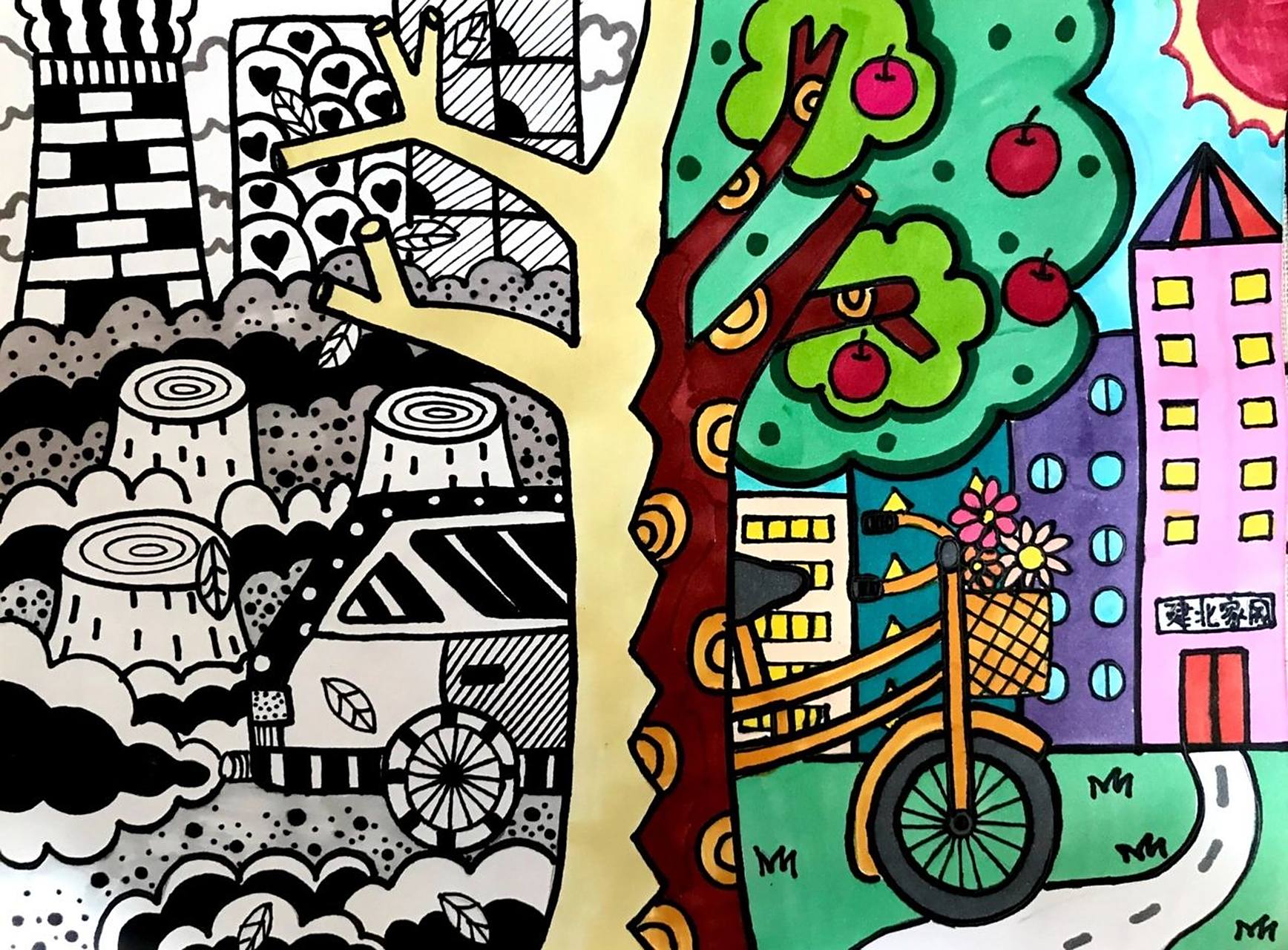 低碳生活,绿色城市(环保主题绘画) 绿色节能,减少空气污染.