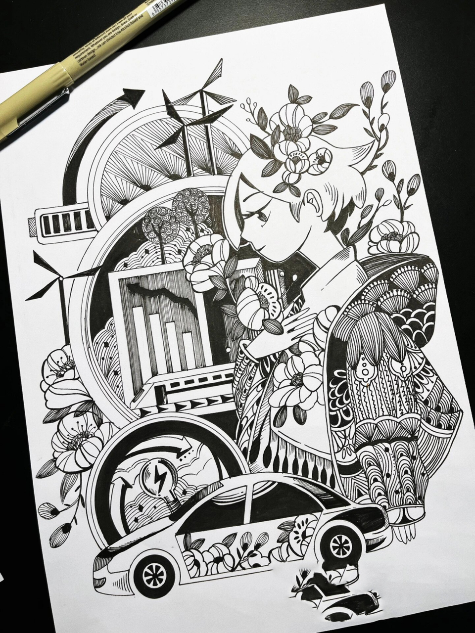 黑白装饰画-绿色环保主题-视觉传达设计手绘 黑色创意手绘 常见绿色