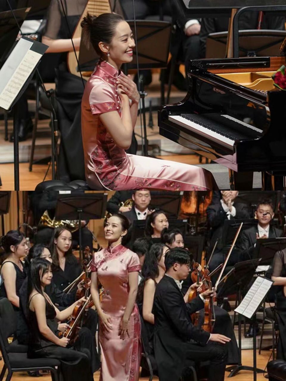 吉娜爱丽丝gina身着原创设计制作的粉色贴边百蝶百花旗袍作品参与演出