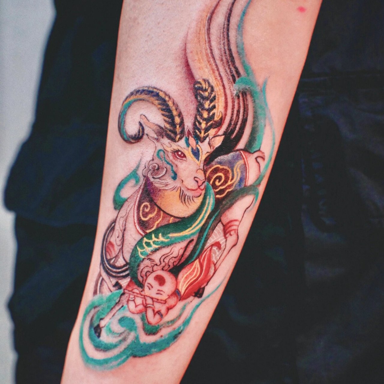 敦煌飞天羊咩咩91|重庆纹身 一位小哥哥想纪念外婆 外婆属羊 原本