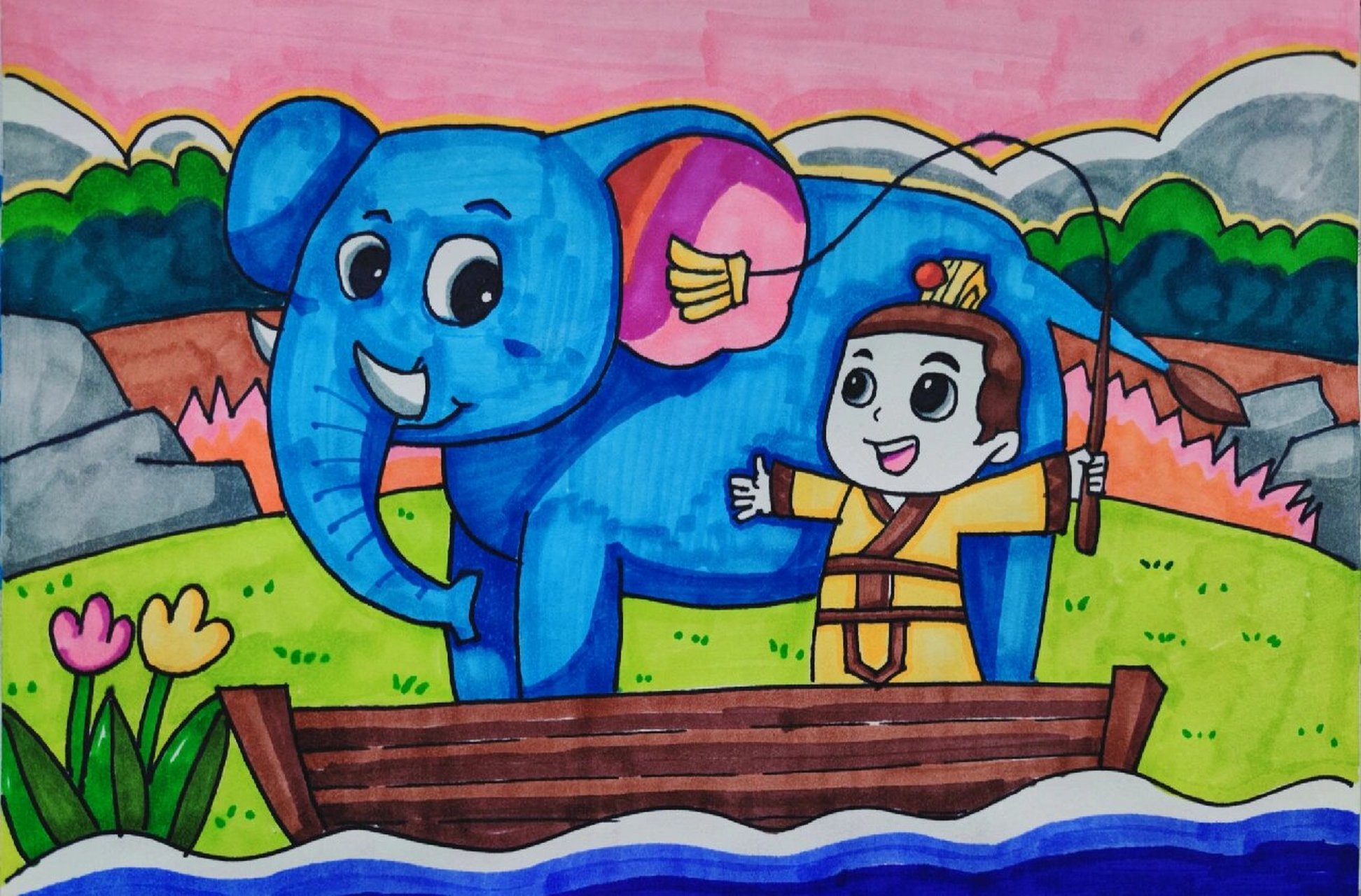 成语故事画——《曹冲称象》 本幅作品描绘了曹冲称象的故事画面,这个