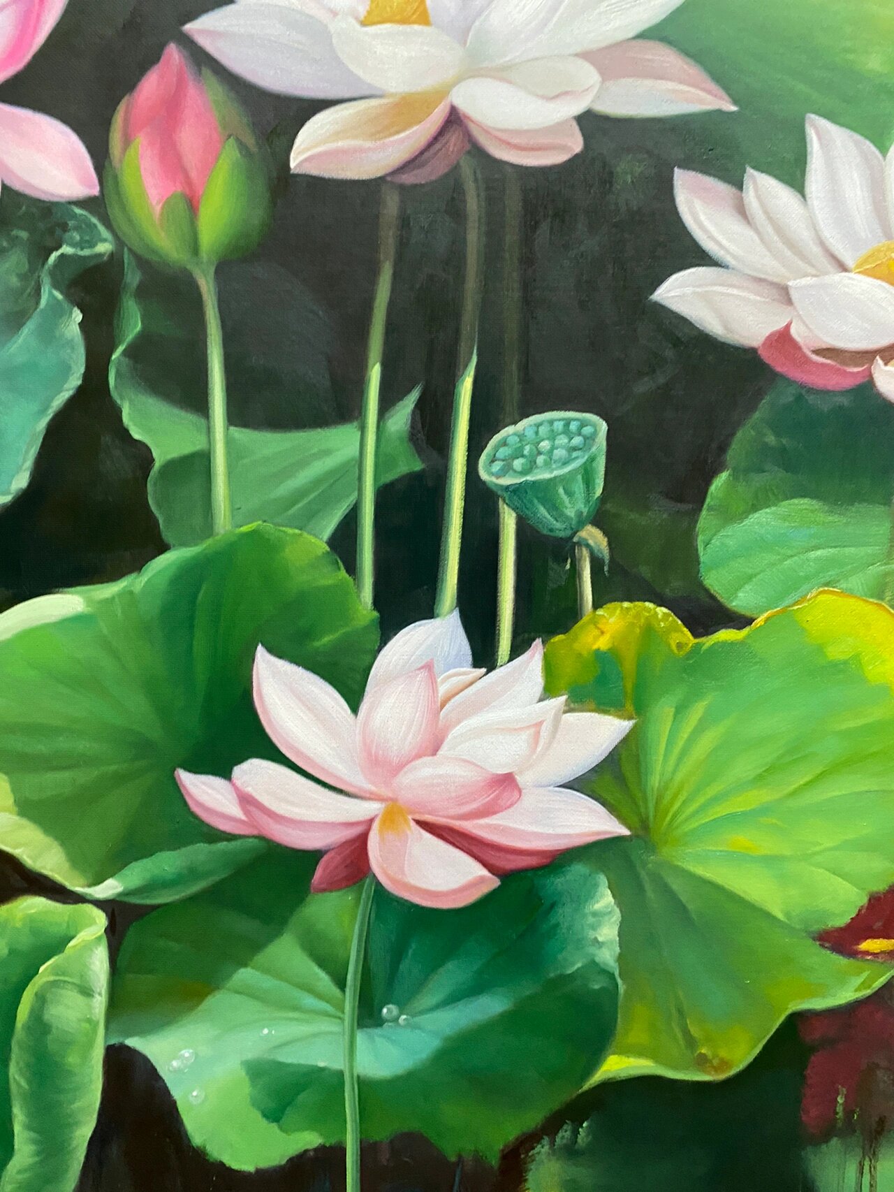 手绘油画荷花池