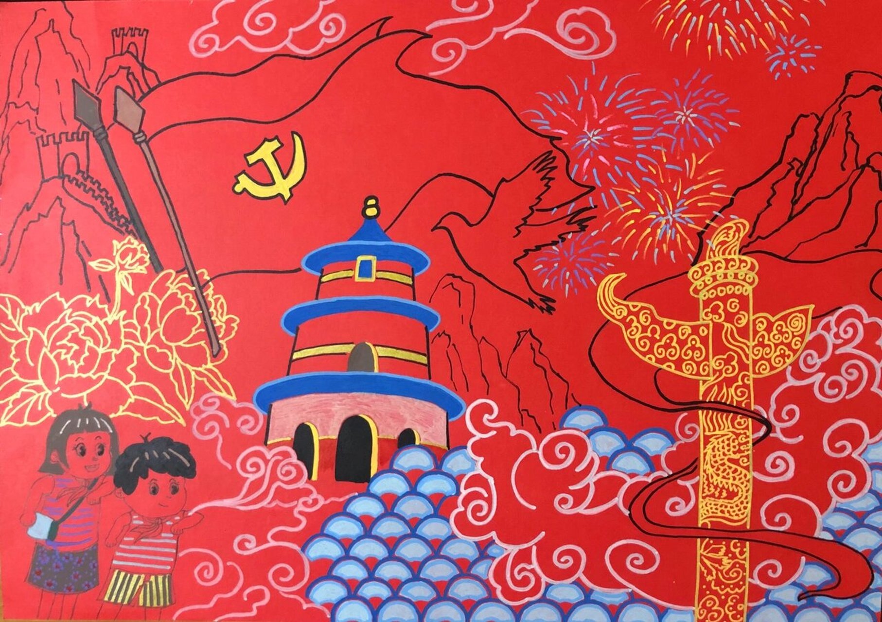 小学生红色主题绘画 图1:六年级学生作品 图2:三年级学生作品 均由