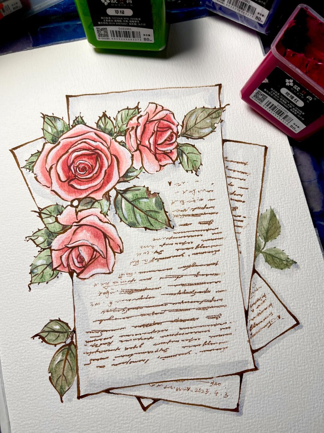 水粉:红玫瑰书信