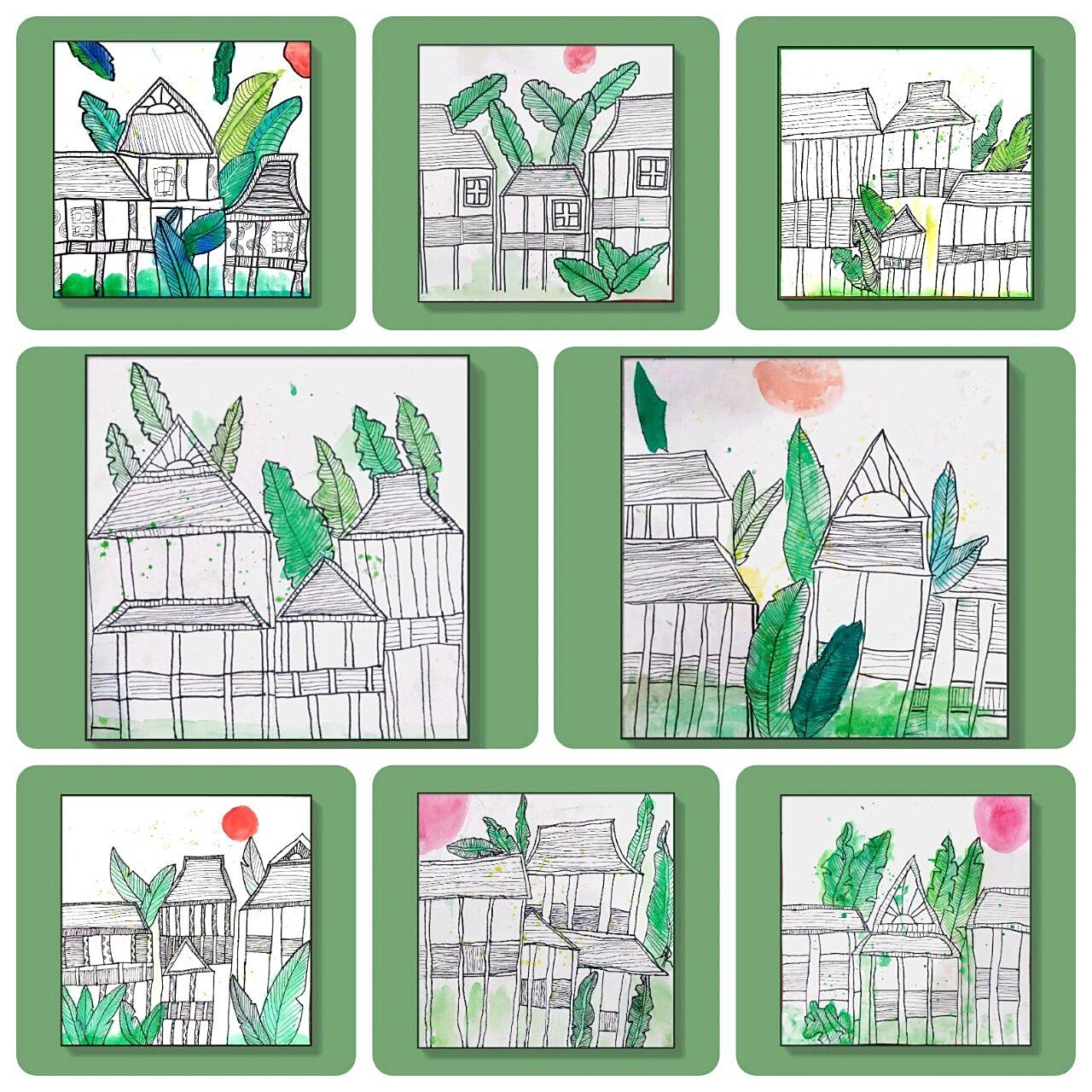 创意绘画作品78傣族竹楼 主题:傣族竹楼 阶段:7～8岁 材料:勾线笔