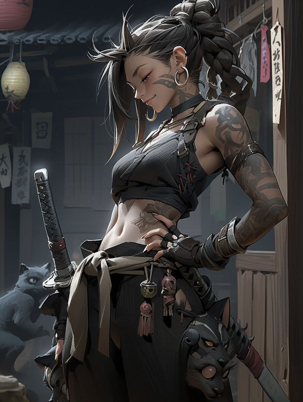 midjourney 街头女剑客 🔻咒语指令: medium long shot, front view