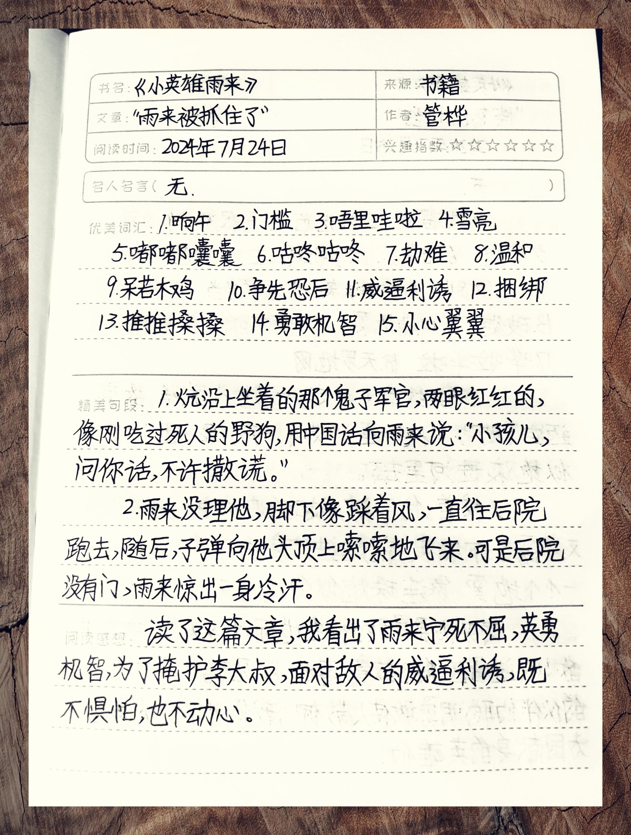 《雨来小英雄》读书笔记精炼版